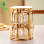 Rotating Wooden Rack Glass Storage Jar Set for Home Use, Large Capacity Storage Box