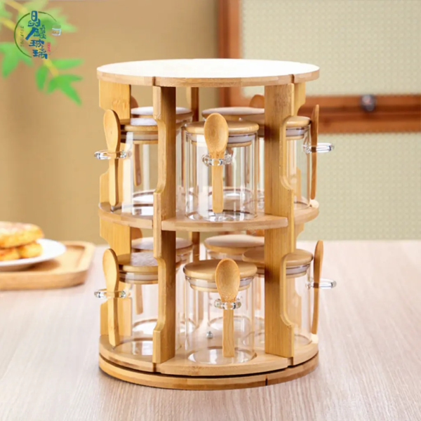 Rotating Wooden Rack Glass Storage Jar Set for Home Use, Large Capacity Storage Box