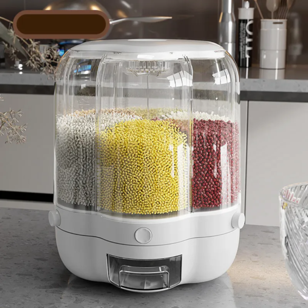 10L 360° Rotating Rice & Grain Dispenser 6-Grid Food Storage Container