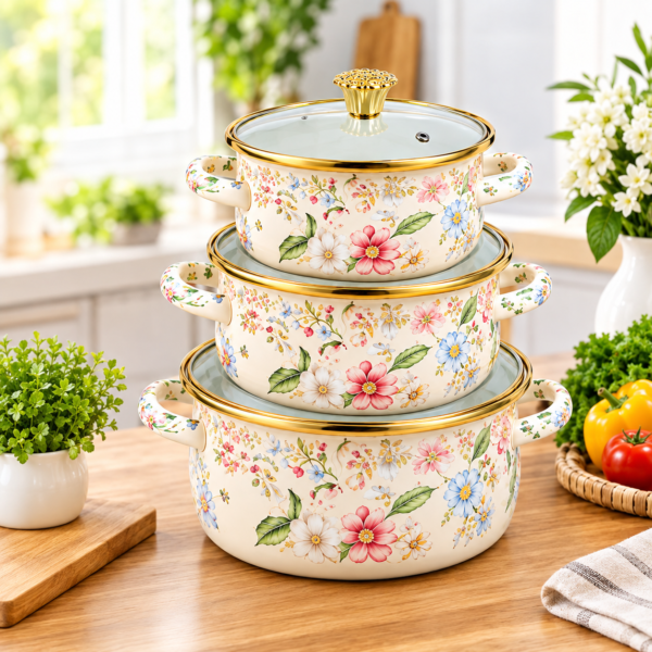 3 Pcs Enamel Cookware Set with Glass Lid Floral Cooking Pots with Dual Handles