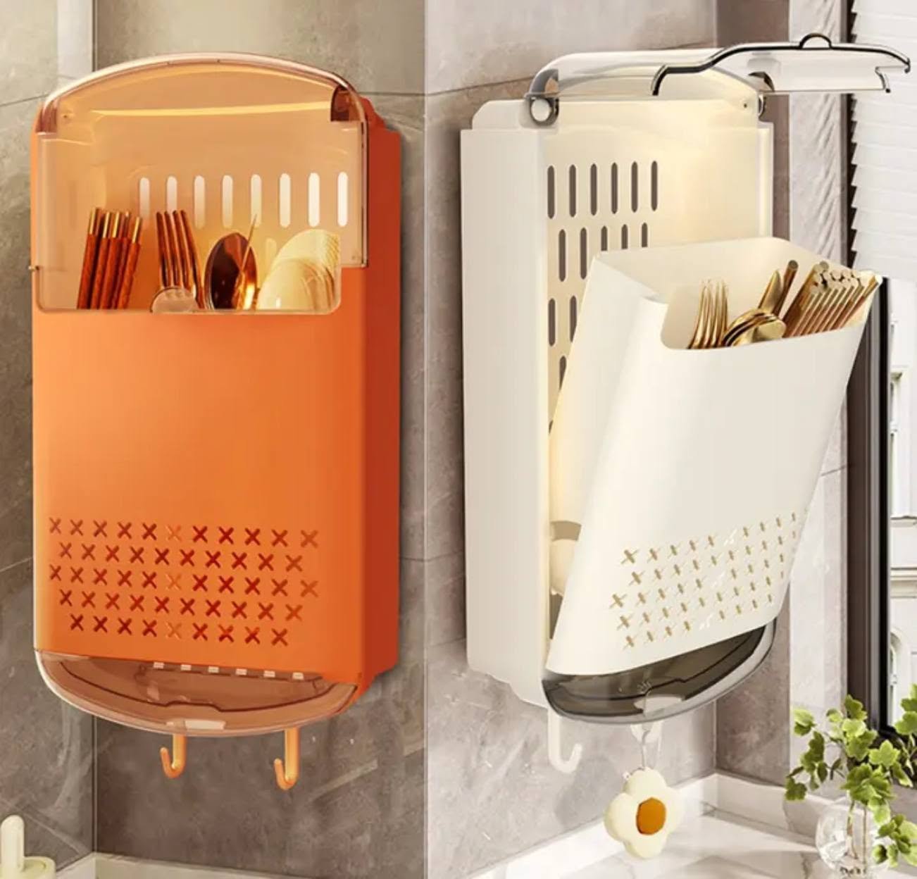 Luxury Punch-Free Wall Mounted Chopsticks & Spoon Holder with Dustproof Cove