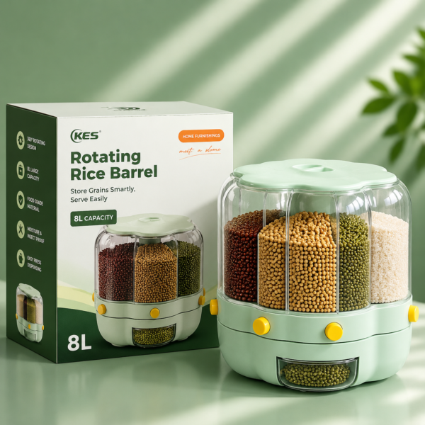 8L 360° Rotating Rice & Grain Dispenser 6-Grid Food Storage Container