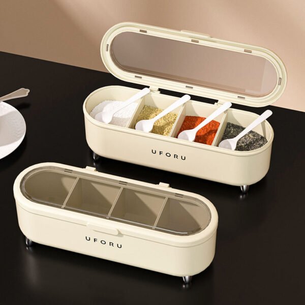4-Grid Spice & Seasoning Organizer with Transparent Lid and Individual Spoons
