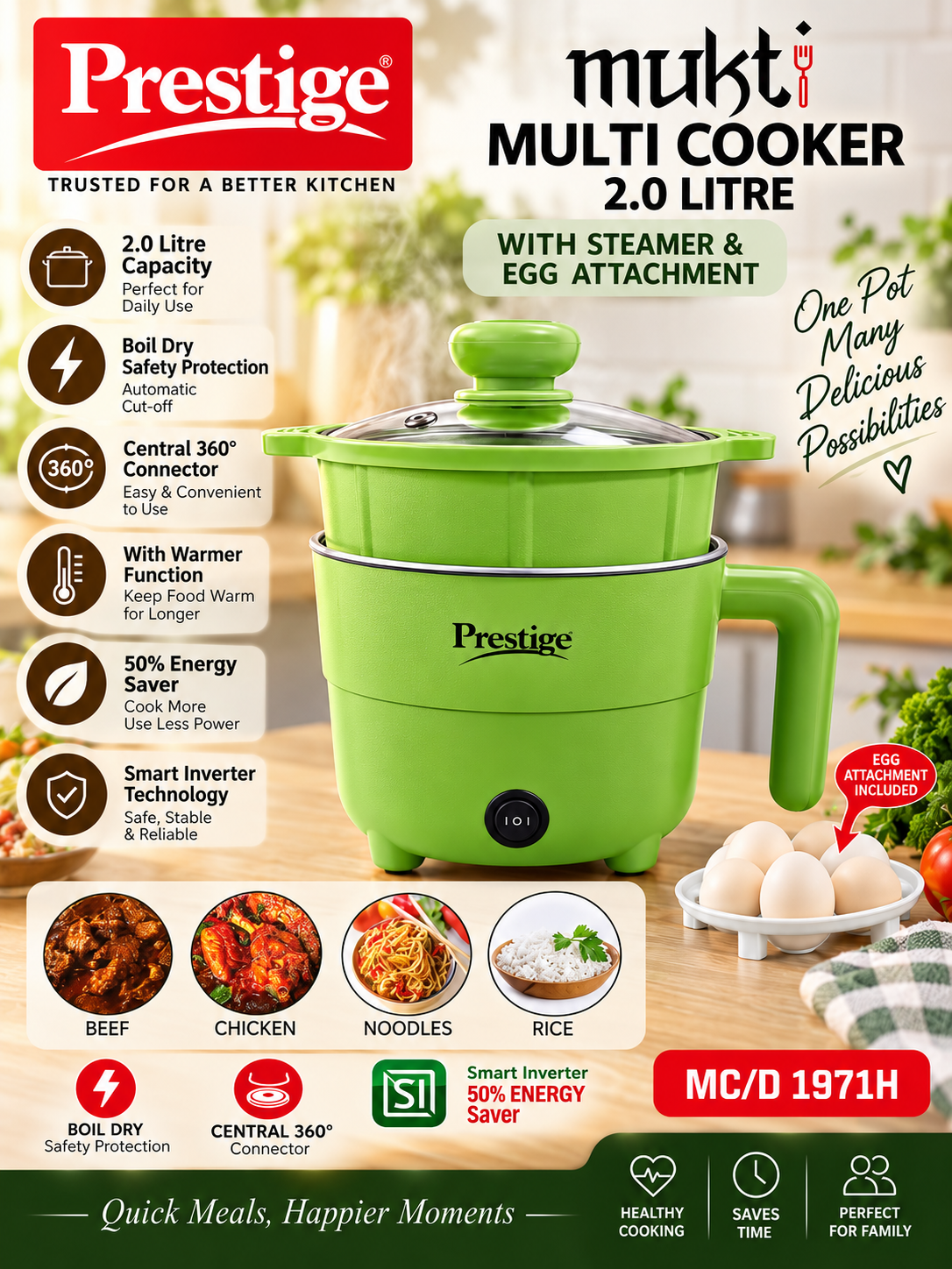Prestige Multi Cooker 2.0L with Steamer & Egg Attachmen