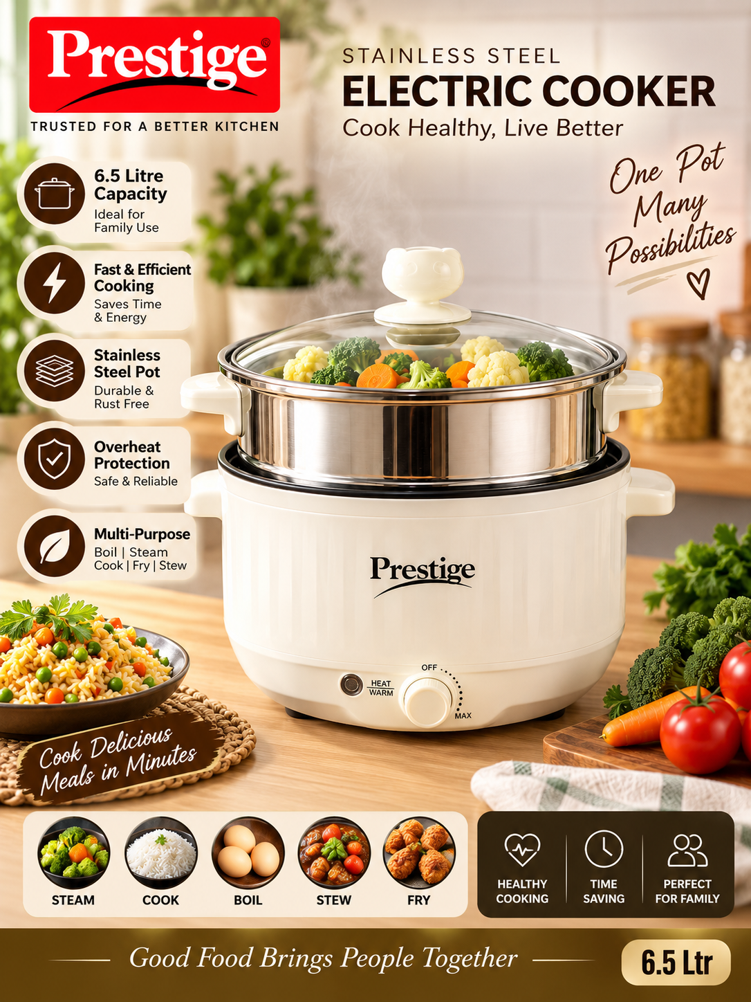 Prestige 6.5L Stainless Steel Electric Multi Cooker