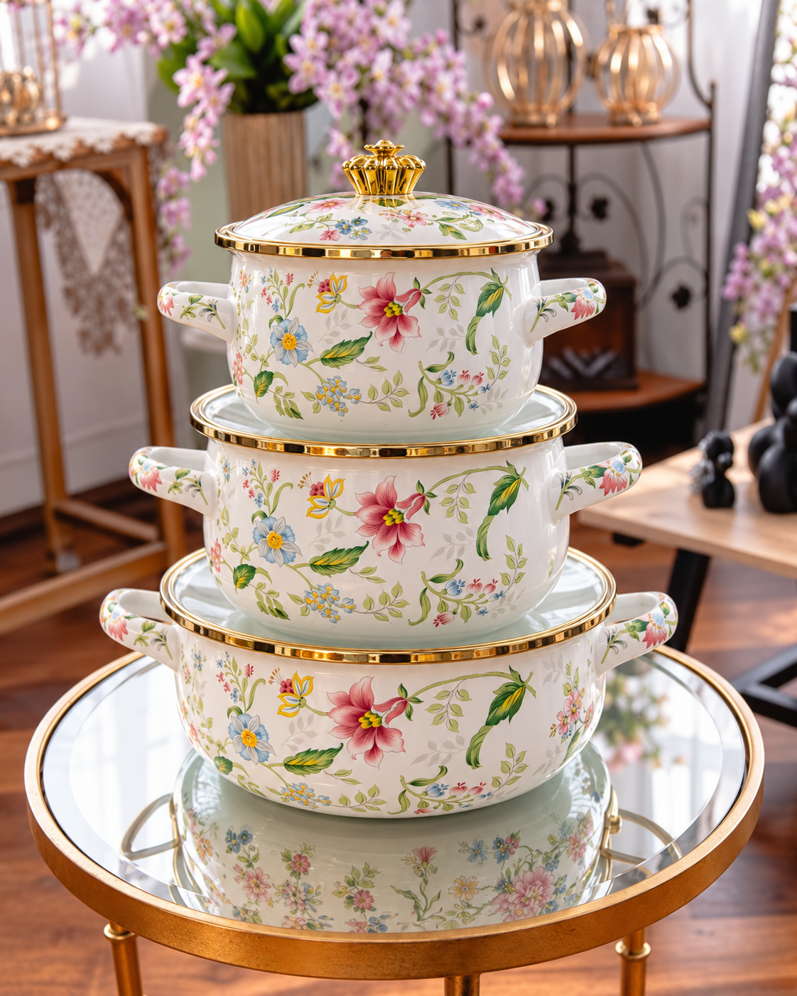 3 Pcs Enamel Cookware Set with Glass Lid | Floral Cooking Pots with Dual Handles