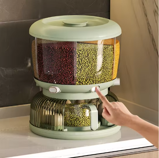 Rotating divider airtight storage box for grains and cereals, a food-grade storage solution for storing grains and rice in the kitchen.