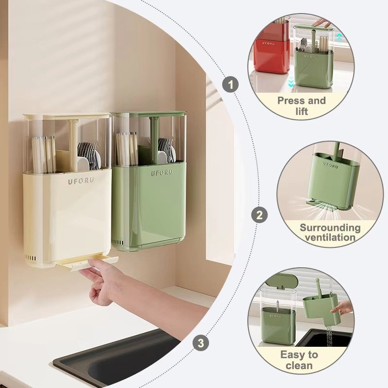 UFORU Wall Mounted Retractable Storage Rack with Adjustable Plastic Containers - Image 3