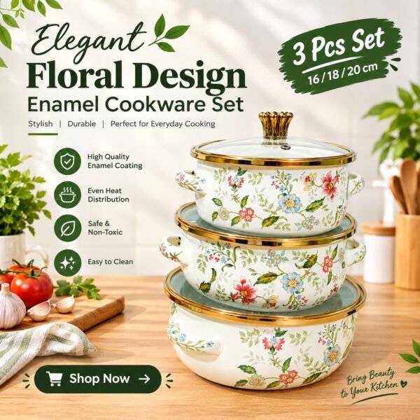 Floral Cookware Set in Sunlit Kitchen 3 set
