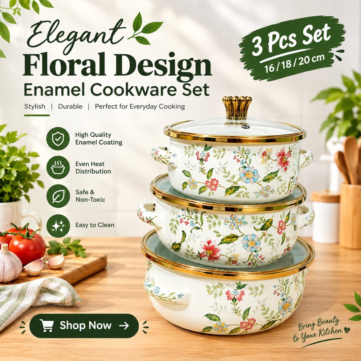 Floral Cookware Set in Sunlit Kitchen 3 set