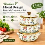3 Pcs Enamel Cookware Set with Glass Lid | Floral Cooking Pots with Dual Handles