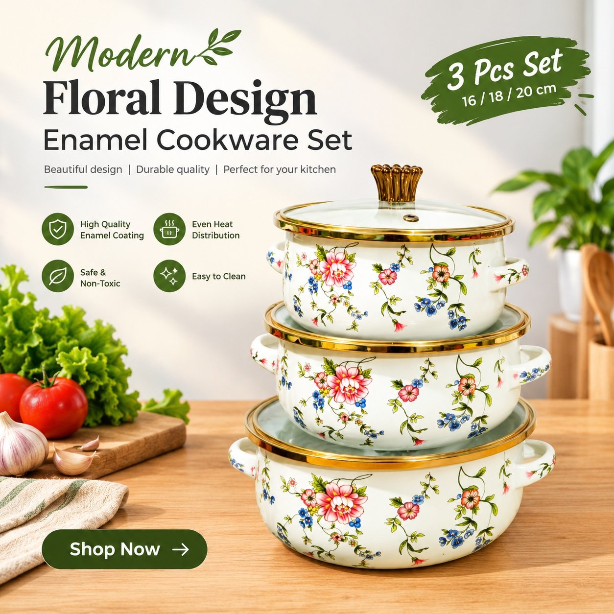 Floral Cookware Set in Sunlit Kitchen